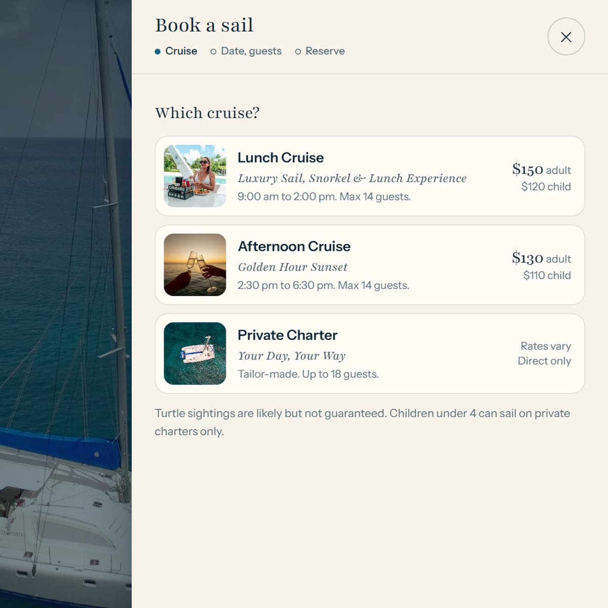 Booking panel on the Calabaza Sailing Cruises website, listing the lunch cruise, afternoon cruise and private charter with prices.