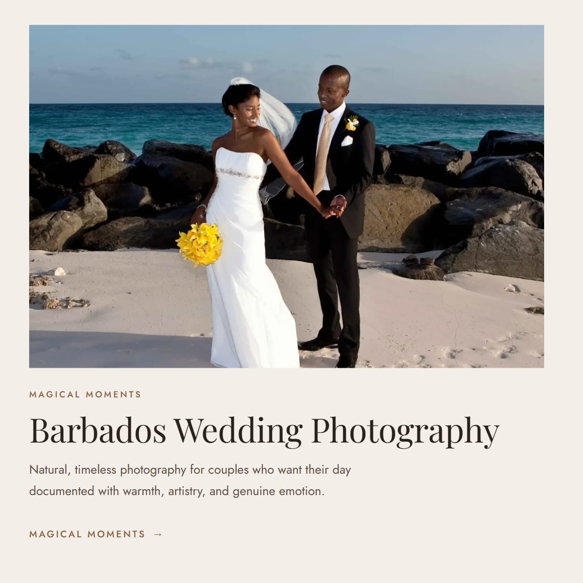 Page from the Magical Moments Photography website: a bride and groom on a Barbados beach above the heading Barbados Wedding Photography.